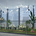 Floral Art Display With Hanging Geometric Transparent Decorations And Green Plants In Modern Building Background