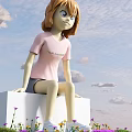 Doll Sitting on White Cube in Pink T-shirt With World Adventure Text Blue Sky Clouds