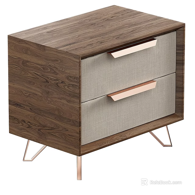 Modern Dark Brown Wooden Chest of Drawers Light Gray Fabric Drawers Rose Gold Handles 3d model 