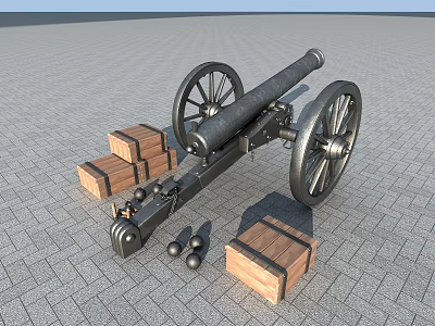 Vintage Military Cannon with Large Wheels Wooden Crates and Cannonballs on Cobblestone Ground 3d model