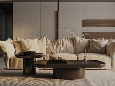 Modern Three Seater Sofa With Plush Cushions And Black Round Coffee Table In Living Room 3d model