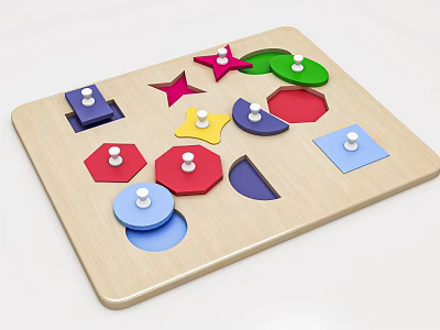 Wooden Puzzle Board With Colorful Shapes And Knobs For Board Game Entertainment 3d model