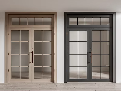 Double Doors with Light Wood and Dark Gray Frames Glass Panels for Modern Interior Spaces 3d model