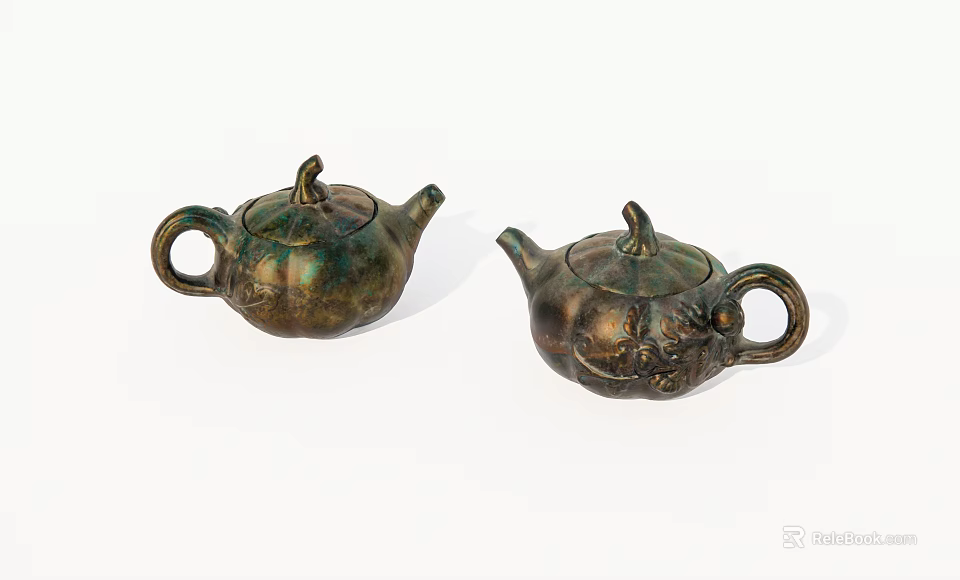 Vintage Brass Decorative Ornament Set with Pumpkin Shaped Teapots and Carved Patterns 3d model 