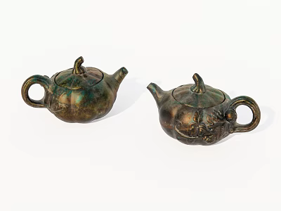 Vintage Brass Decorative Ornament Set with Pumpkin Shaped Teapots and Carved Patterns 3d model