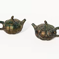 Vintage Brass Decorative Ornament Set with Pumpkin Shaped Teapots and Carved Patterns