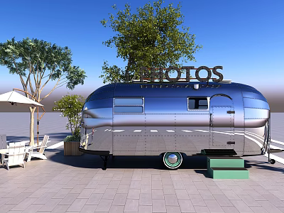 Vintage Silver Food Truck With CHOTOS Sign Outdoor Setting Trees Umbrella And Seating 3d model