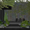 Courtyard Garden Design With Tall Trees Stone Wall Wooden Pathway Lush Plants And Outdoor Seating