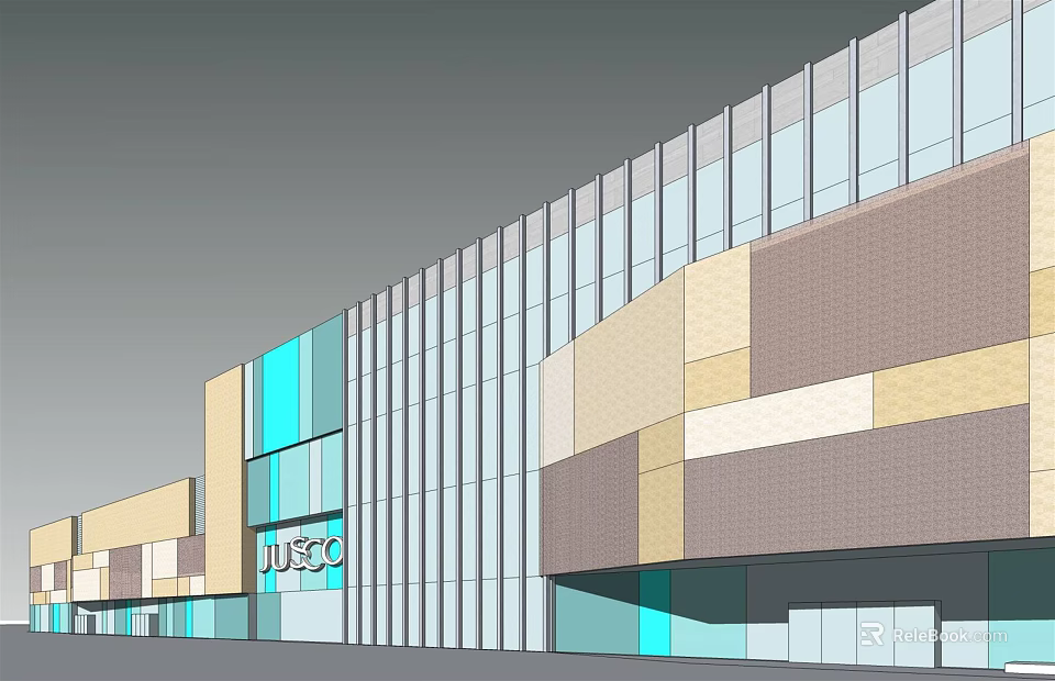 Modern Commercial Complex Exterior With Glass Curtain Walls Colorful Facade And JUSCO Signage 3d model 