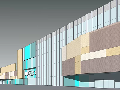 Modern Commercial Complex Exterior With Glass Curtain Walls Colorful Facade And JUSCO Signage 3d model