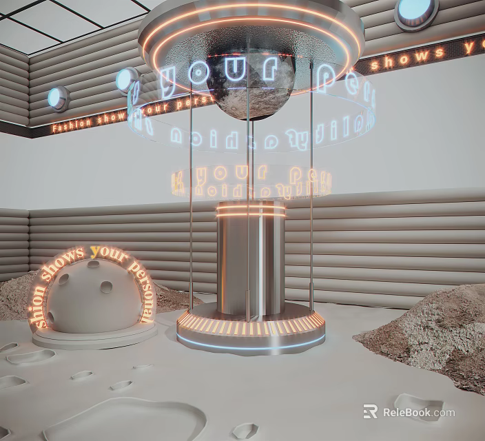 Creative Window Display With Neon Signs Silver Pillar Circular Platforms White Background And Rock Decorations 3d model 