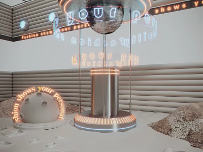 Creative Window Display With Neon Signs Silver Pillar Circular Platforms White Background And Rock Decorations 3d model