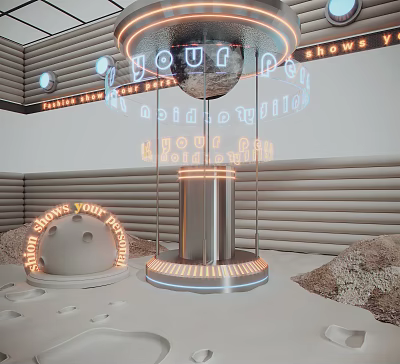 Creative Window Display With Neon Signs Silver Pillar Circular Platforms White Background And Rock Decorations 3d model