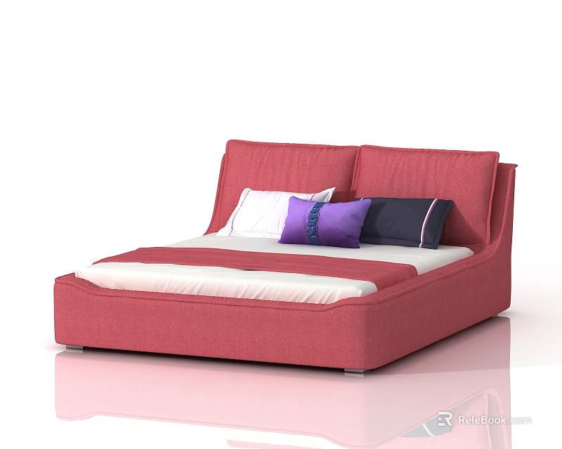 Modern Red Double Bed with Double Headboard and White Purple Dark Blue Pillows 3d model 