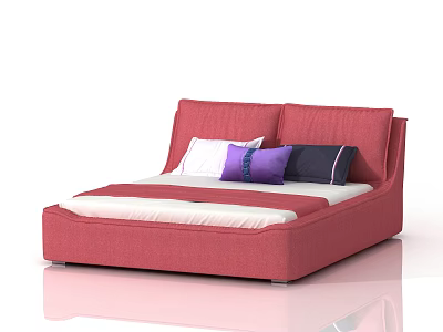 Modern Red Double Bed with Double Headboard and White Purple Dark Blue Pillows 3d model