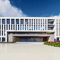 Modern School Building with Circular Design Greenery and Paved Pathway Under Blue Sky