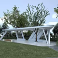Modern White Outdoor Pergola With Slanted Supports Green Grass And Trees
