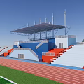 Soccer Field With Green Turf Red Running Track And Stadium Seats