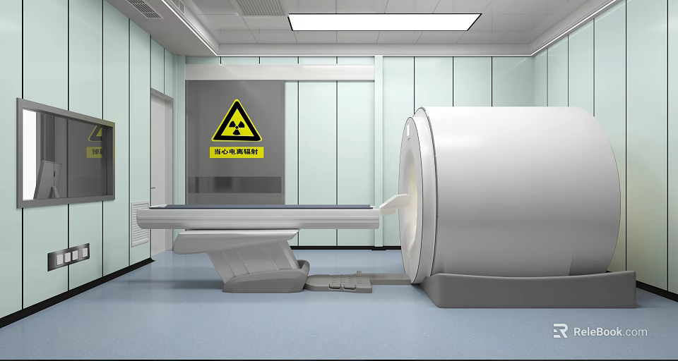 Hospital Scan Room With CT Scanner Radiation Warning Sign And Examination Table 3d model 