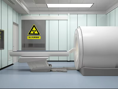 Hospital Scan Room With CT Scanner Radiation Warning Sign And Examination Table 3d model
