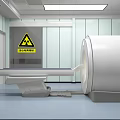 Hospital Scan Room With CT Scanner Radiation Warning Sign And Examination Table