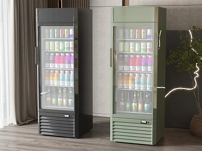 Modern Black And Green Glass Door Refrigerators With Various Drinks In Indoor Setting 3d model