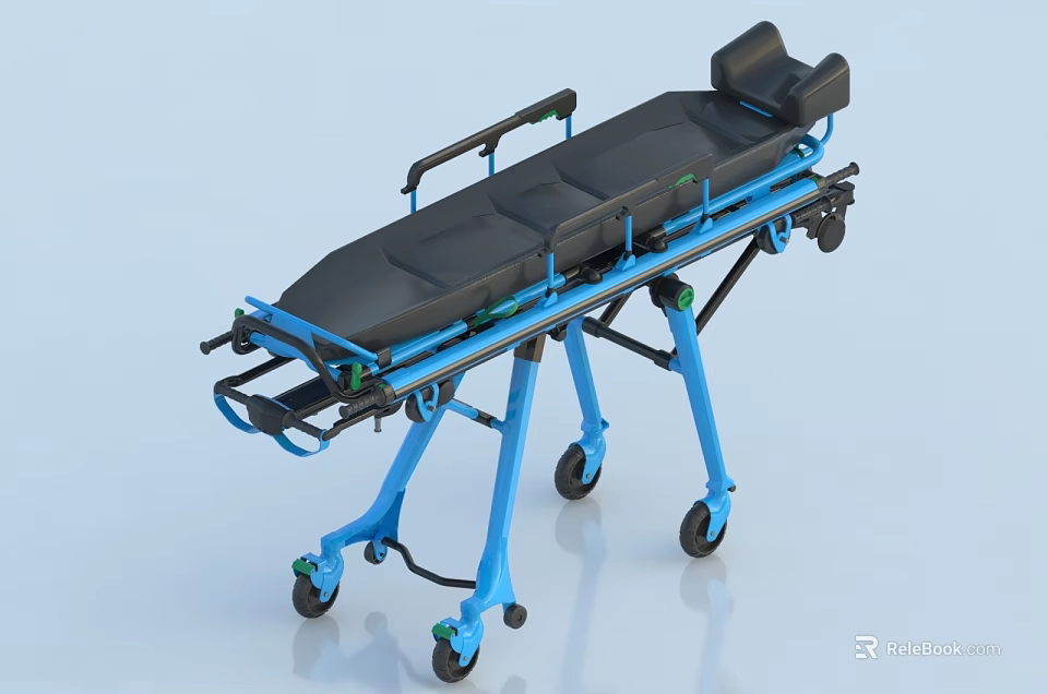 Medical Stretcher Commercial Equipment with Blue Frame Black Mattress and Wheels for Patient Transport 3d model 