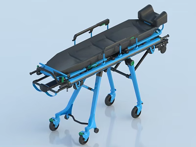Medical Stretcher Commercial Equipment with Blue Frame Black Mattress and Wheels for Patient Transport 3d model