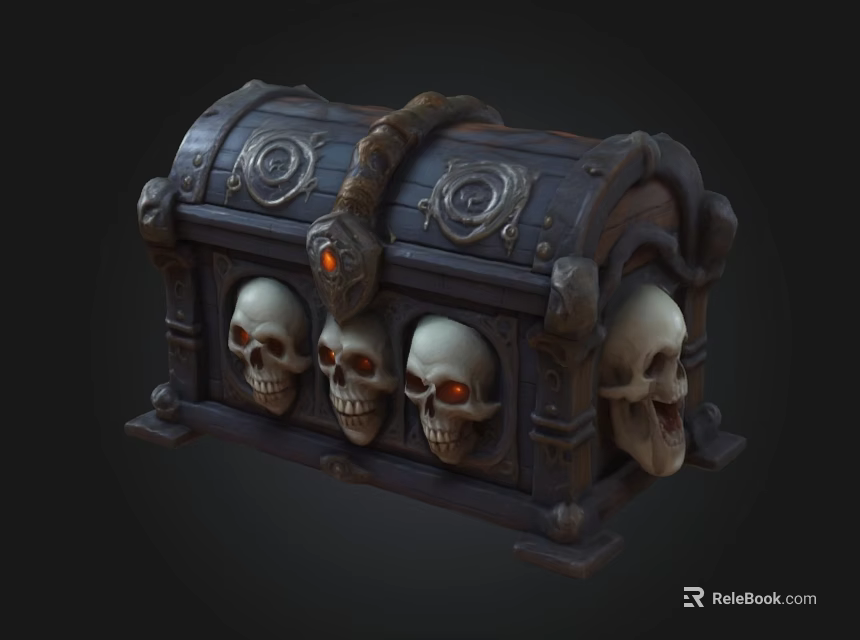 Ornate Wooden Treasure Chest Featuring Coiled Snake And Skulls With Glowing Red Eyes 3d model 