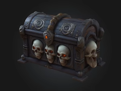 Ornate Wooden Treasure Chest Featuring Coiled Snake And Skulls With Glowing Red Eyes 3d model