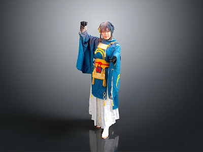 Woman in Blue Traditional Outfit With Yellow Accents and Blue Hair Posing Against Gray Background 3d model