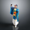 Woman in Blue Traditional Outfit With Yellow Accents and Blue Hair Posing Against Gray Background