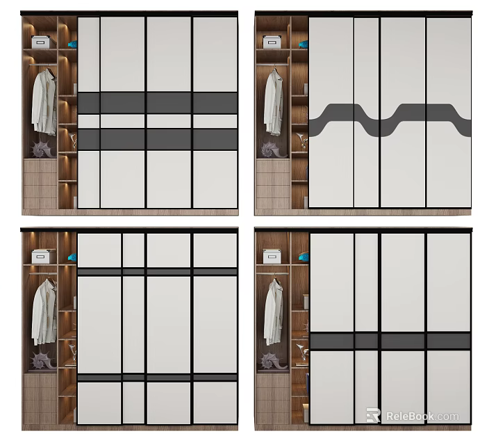 Modern Sliding Door Wardrobe with Horizontal Lines Wavy Patterns and Wooden Glass Panels 3d model 