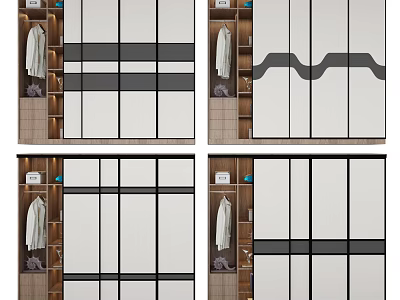 Modern Sliding Door Wardrobe with Horizontal Lines Wavy Patterns and Wooden Glass Panels 3d model