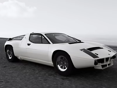 White Vintage Sports Car with Streamlined Body on Coastal Road and Ocean View 3d model