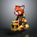 Cute Red Panda Character Wearing Golden Armor With Dragon Headed Weapon And Colorful Details