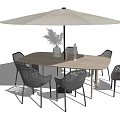 Modern Outdoor Dining Table With Woven Chairs Large Umbrella And Decorative Plants For Garden
