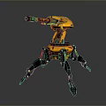 3D Model Yellow Mechanical Weapon Turret With Four Mechanical Legs Cannon And Green Red Sights