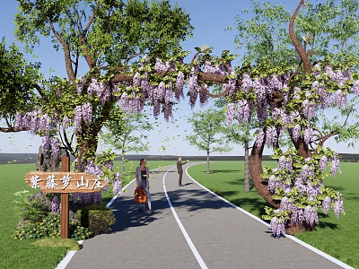 Wisteria Covered Natural Arch Entrance Gate With Lush Green Grass And Scenic Path 3d model