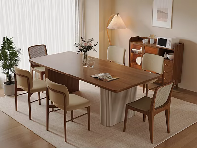 Modern Dining Room With Wooden Table Six Chairs Flower Vase Green Plant Floor Lamp And Magazine 3d model