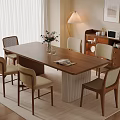 Modern Dining Room With Wooden Table Six Chairs Flower Vase Green Plant Floor Lamp And Magazine