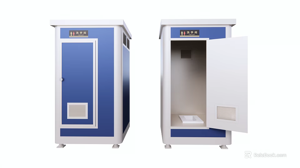 Two Portable Toilet Units With Closed And Open Doors Showing Interior 3d model 