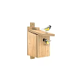 Wooden Birdhouse Structure With Birds Perching On Roof And Entry Hole Mounted On Post