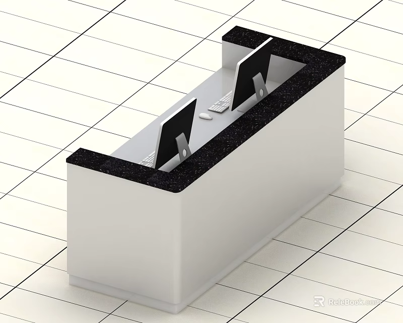 Modern Office Reception Desk With White Main Body Black Countertop Two Computers Monitors And Keyboards 3d model 