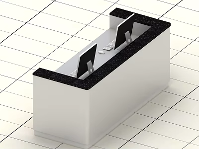 Modern Office Reception Desk With White Main Body Black Countertop Two Computers Monitors And Keyboards 3d model