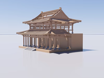 Ancient Chinese Architecture With Curved Eaves Stone Columns And Front Steps 3d model
