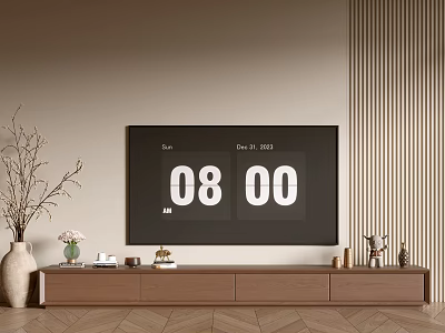Modern Wooden TV Stand With Flat Screen TV Decorative Vase On Beige Wall Wooden Floor 3d model