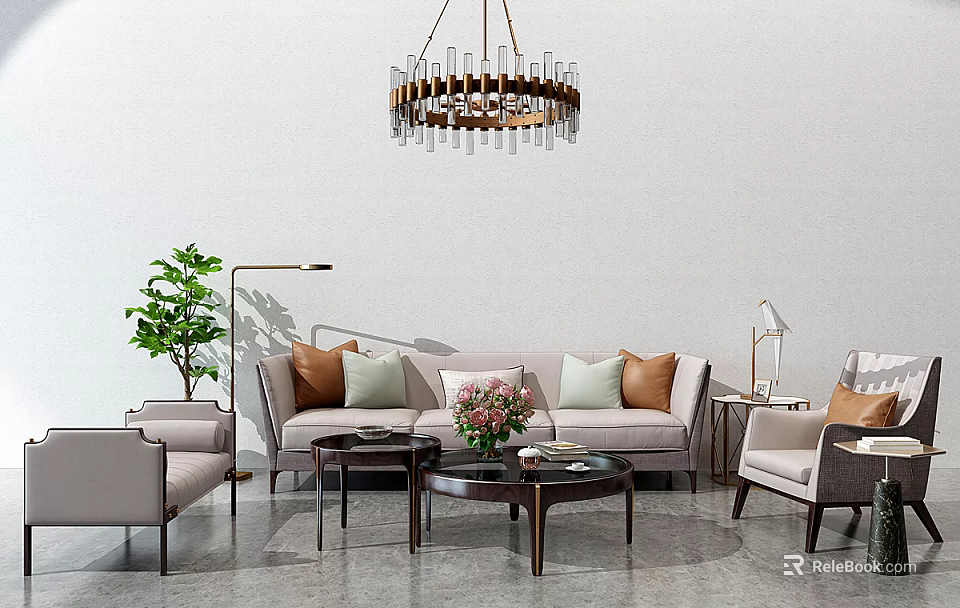 Elegant Modern Interior With Sofa Coffee Table Set Throw Pillows Armchairs And Potted Plant 3d model