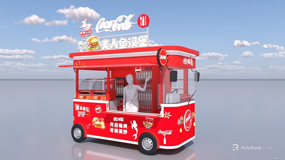 Red Coca Cola Themed Food Truck Selling Mermaid Burger And Drinks 3d model 