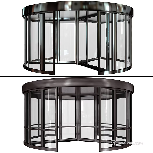 Modern Revolving Door Structure With Glass Panels And Metal Frame Design 3d model 
